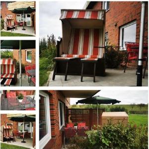 a collage of four pictures of a patio with an umbrella at Deichwohnung Strandweg 7 in Friedrichskoog-Spitz