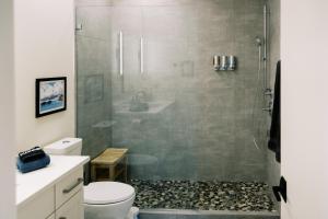 a bathroom with a shower with a toilet and a sink at THE NEST: Luxury, History, Balcony, Memories in Traverse City