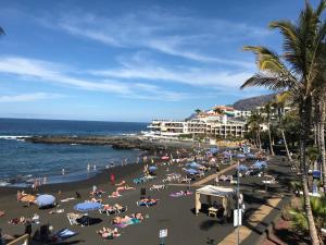 Una playa con multitud de gente y el océano. en Jardín, en Puerto de Santiago