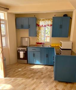 a kitchen with blue cabinets and a counter top at The Golden Inn in Marigot