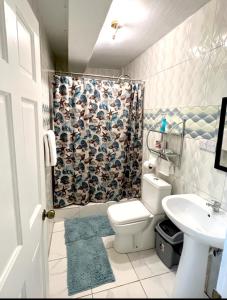 a bathroom with a toilet and a shower curtain at The Golden Inn in Marigot