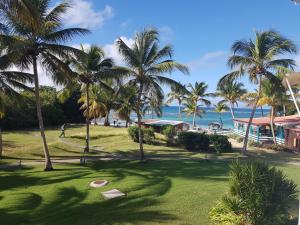 - une vue sur un complexe avec des palmiers et l'océan dans l'établissement Kaz Loriké - Vue Mer & piscine exceptionnelle - Anse des Rochers, à Saint-François