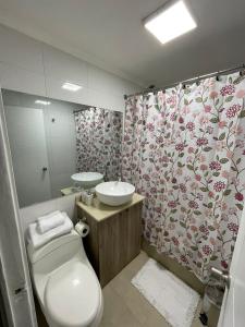 a bathroom with a white toilet and a sink at M-Montt Providencia Apartamentos Amoblados in Santiago