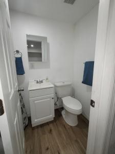 a white bathroom with a toilet and a sink at Cozy studio apt in Orlando