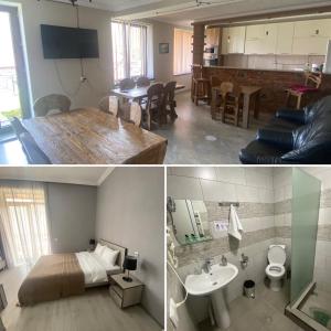 2 Bilder eines Zimmers mit einem Schlafzimmer und einem Wohnzimmer in der Unterkunft Hotel Elegant in Kazbegi