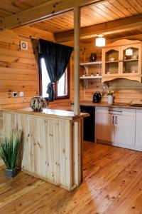a kitchen in a log cabin with a counter at Magurska Ostoja in Jasło