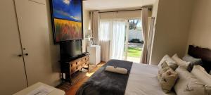 a bedroom with a bed and a tv and a window at AppleBee Guest Cottages in Grahamstown