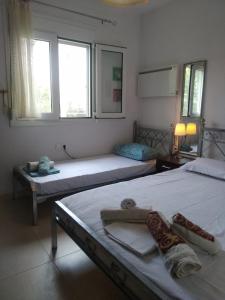 two beds in a room with two windows at IOANNIS SEASIDE VILLA in Leptokarya