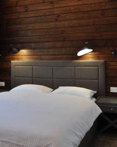 ein Bett mit zwei weißen Kissen und zwei Lichtern darüber in der Unterkunft TITA Family House in Gnedin