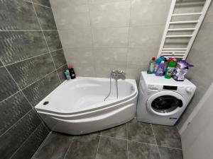 a bathroom with a washing machine and a washer at R&C Relax Apartment 808 in Dudu