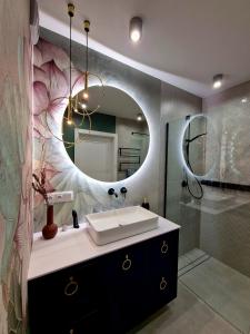 a bathroom with a sink and a mirror at Piękny apartament położony w środku lasu in Dywity