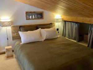 een slaapkamer met een groot bed met 2 lampen bij Appartement ensoleillé aux Tines, vue Massif in Chamonix-Mont-Blanc