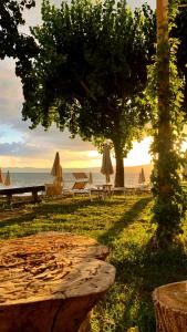 eine Gruppe von Tischen und Sonnenschirmen am Strand in der Unterkunft Camping Smeraldo in Trevignano Romano