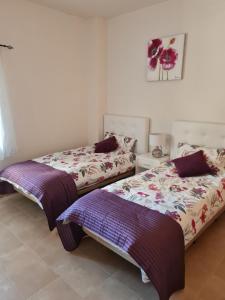 Duas camas num quarto com edredões roxos em Casa Lima em Múrcia