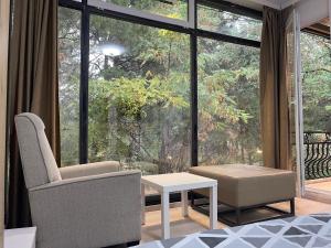 a living room with a chair and a large window at Greenside Apartment in Pristina