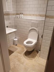 a bathroom with a white toilet and a sink at Town House Rosenheim in Rosenheim