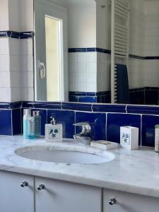 熱那亞的住宿－MOONLIGHT IN BOCCADASSE (cod.Citra:010025-LT-2349)，蓝色和白色的浴室设有水槽和镜子