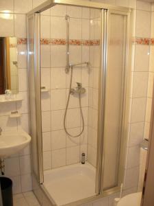 La salle de bains est pourvue d'une douche et d'un lavabo. dans l'établissement Gasthaus Zum Hohenstein, à Ober-Kainsbach