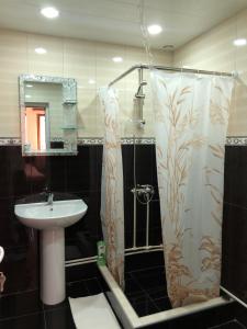 y baño con cortina de ducha y lavamanos. en Haer B&B, en Meghri
