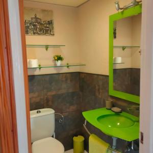 La salle de bains est pourvue de toilettes et d'un lavabo vert. dans l'établissement Casa Dorada, à L'Escala