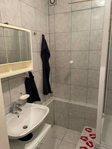 a bathroom with a sink and a shower at 13. Stock im Zentrum von Karlsruhe in Karlsruhe