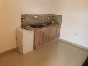 a small kitchen with a sink and a refrigerator at BF Dlamini Guesthouse in Amanzimtoti