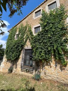 un edificio cubierto de hiedra con una puerta en Masia MATUTANO, en Villafranca del Cid