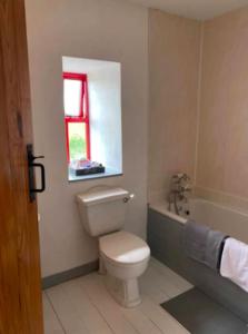 a bathroom with a toilet and a window and a tub at The Old Mill, Kilcorkey, Bellanagare, Castlerea, County Roscommon - West of Ireland in Bellanagare