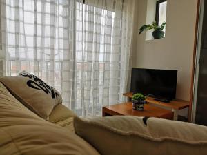 ein Wohnzimmer mit einem Sofa und einem TV in der Unterkunft Casa da Zira II - Vista de Mar in Nazaré