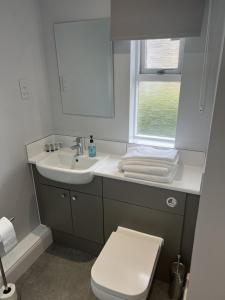 a bathroom with a sink and a toilet and a window at The Woolpack Inn in Kettering