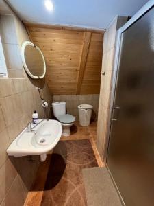 een badkamer met een toilet, een wastafel en een spiegel bij Ubytovanie v Rabčiciach 