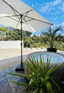 um guarda-chuva branco sentado ao lado de uma piscina em Villa Les Oliviers Spa privatif em Bandol