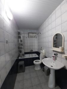 een badkamer met een wastafel, een toilet en een bad bij Villa Gjorgi in Ohrid
