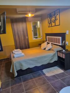 1 dormitorio con 1 cama grande y paredes amarillas en Loft Centro en Villa Unión