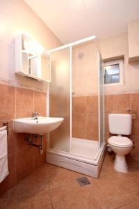 uma casa de banho com um chuveiro, um WC e um lavatório. em Apartment Baska Voda 10027c em Baska Voda