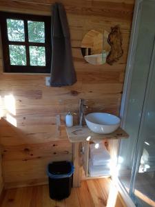 uma casa de banho com um lavatório numa parede de madeira em Moinho de Pedra Má em Arouca