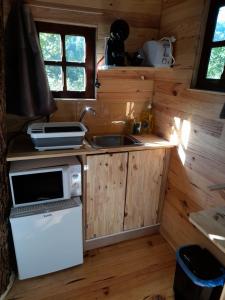 uma pequena cozinha com um lavatório e um micro-ondas em Moinho de Pedra Má em Arouca