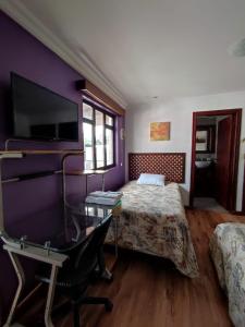 Schlafzimmer mit einem Bett, einem Schreibtisch und einem TV in der Unterkunft Casatodosantos in Cuenca