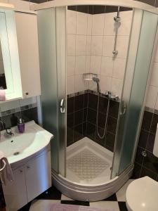 ein Bad mit einer Dusche und einem Waschbecken in der Unterkunft Apartment Orebic 10097a in Orebić