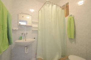 a bathroom with a shower curtain and a sink at Apartments by the sea Prizba, Korcula - 10063 in Prizba