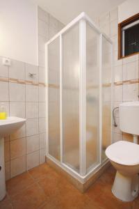 um chuveiro na casa de banho com um WC e um lavatório em Family friendly house with a swimming pool Zavalatica, Korcula - 9476 em Zavalatica