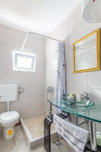 a bathroom with a glass sink and a toilet at Apartments by the sea Zuronja, Peljesac - 10134 in Brijesta