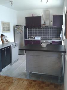 Il comprend une cuisine équipée d'un comptoir noir et d'un réfrigérateur. dans l'établissement Apartments by the sea Vranjic, Split - 11753, à Vranjic