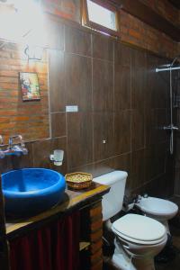 a bathroom with a blue sink and a toilet at CABAÑAS SOLTAME CARNAVAL in Puerto Iguazú