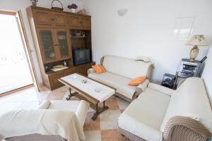 ein Wohnzimmer mit einem Sofa und einem Tisch in der Unterkunft Apartments by the sea Zuronja, Peljesac - 12020 in Putniković