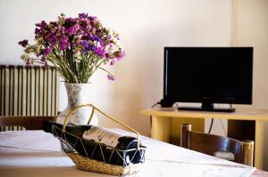 a table with a basket of flowers and a tv at Apartments and rooms with parking space Zambratija, Umag - 11875 in Zambratija