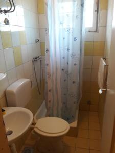 ein Bad mit einem WC und einem Duschvorhang in der Unterkunft Apartments by the sea Tribunj, Vodice - 12144 in Tribunj