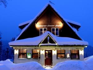 a house covered in snow at night at Pension Faema in Harrachov
