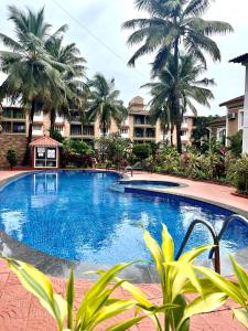 a large swimming pool in a resort with palm trees at Sun-kissed Holidays, Goa Topaz in Candolim