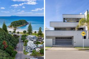 dos fotos de un edificio y una playa en Pacific Escape - Downtown, Beach & Sea Views, en Mount Maunganui